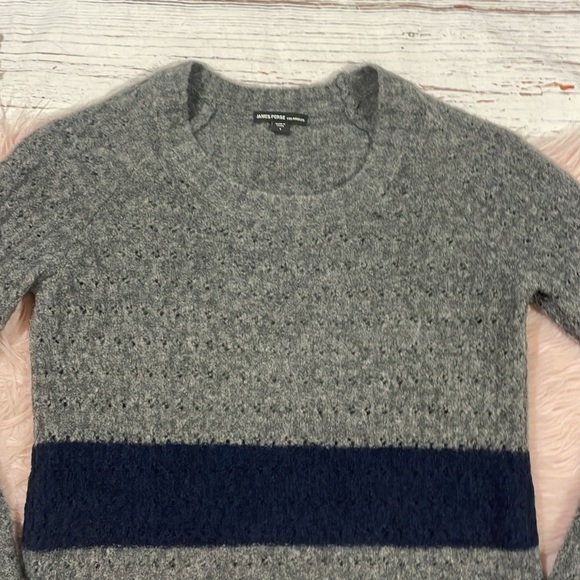 James Perse Pointelle Striped Gray Blue Wool Blend Crewneck Sweater - Picture 5 of 9